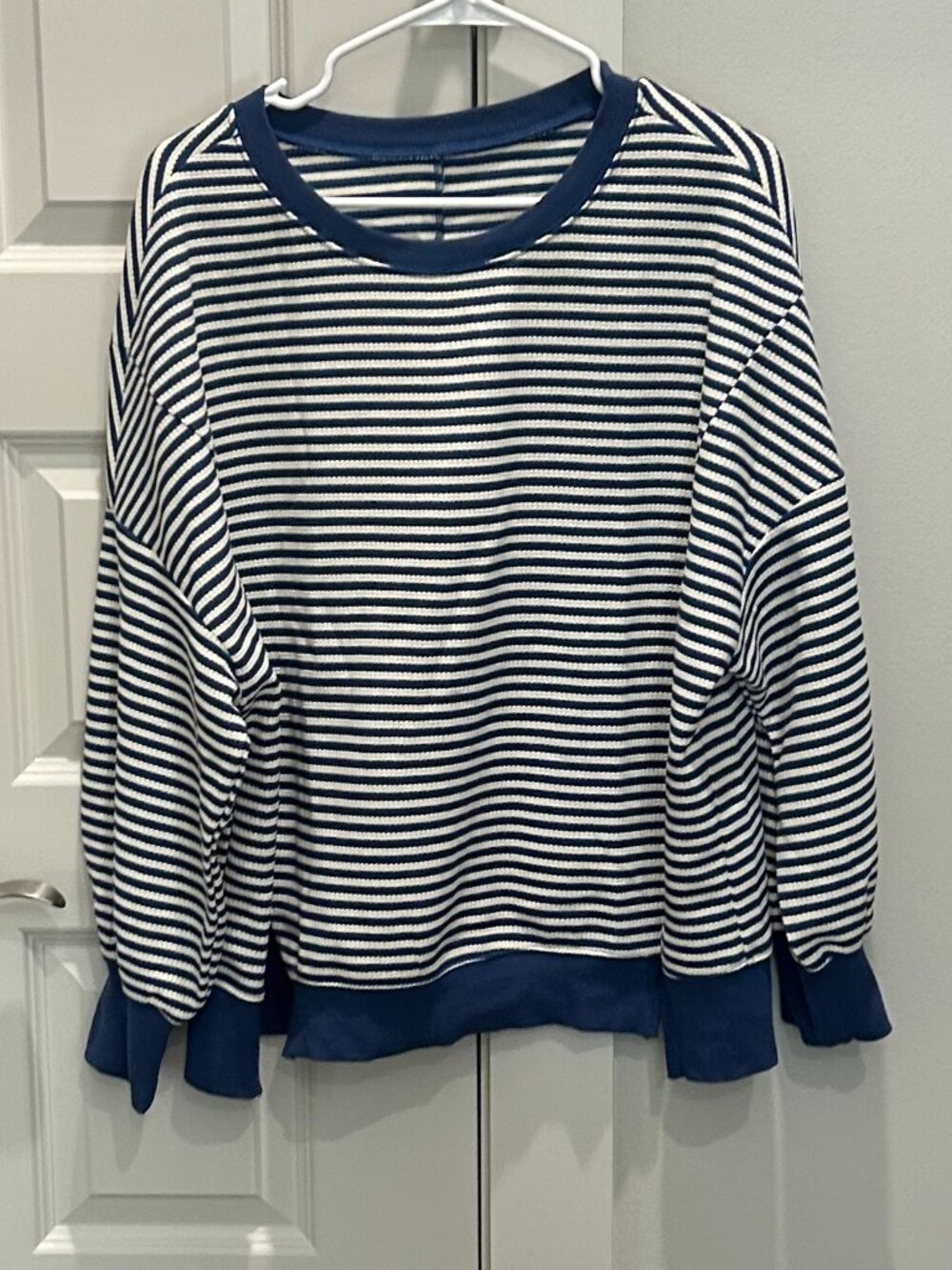 Navy Stripped Crew Neck Oversized Waffle Knit Sweatshirt